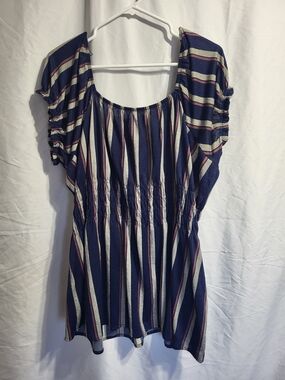 Striped Navy Peasant Top with Pink and Cream Accents, Size 3XL